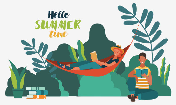 年轻人在公园里看书。夏天的风景背景。假期时间。回到学校，学习，学习，知识和教育矢量的概念图片下载