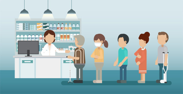 药房有药剂师和顾客排队图片下载