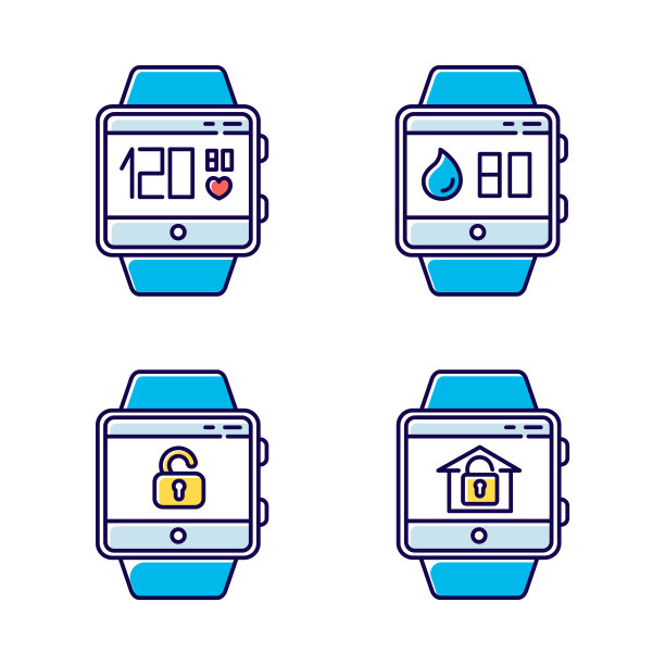 健身追踪器功能颜色图标设置。腕带智能手表功能和健康服务。脉搏和心跳，水平衡，锁定和解锁。孤立的矢量插图图片下载