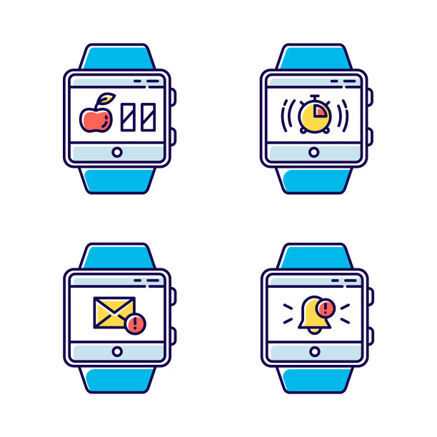 健身追踪器功能颜色图标设置。腕带智能手表功能和健康服务。卡路里计数器，秒表，通知，邮件，短信。孤立的矢量插图图片下载
