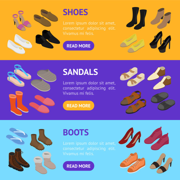 鞋概念3d旗帜水平设置等距视图。向量图片下载