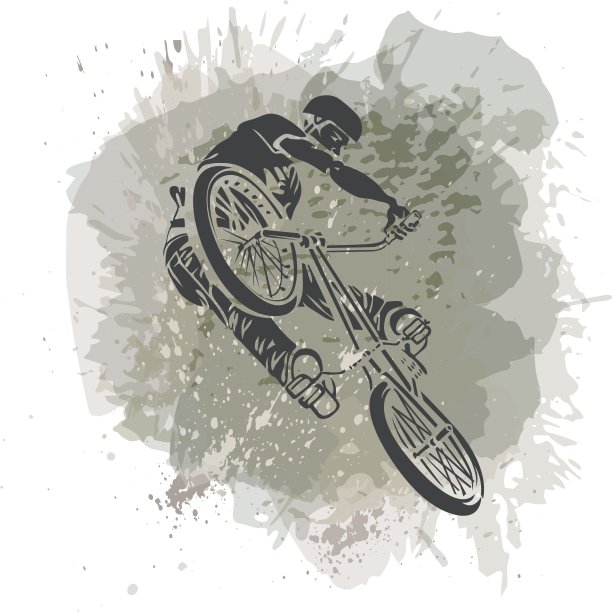 骑自行车的人跳跃在一个艺术抽象的背景。手工制作的。图片下载