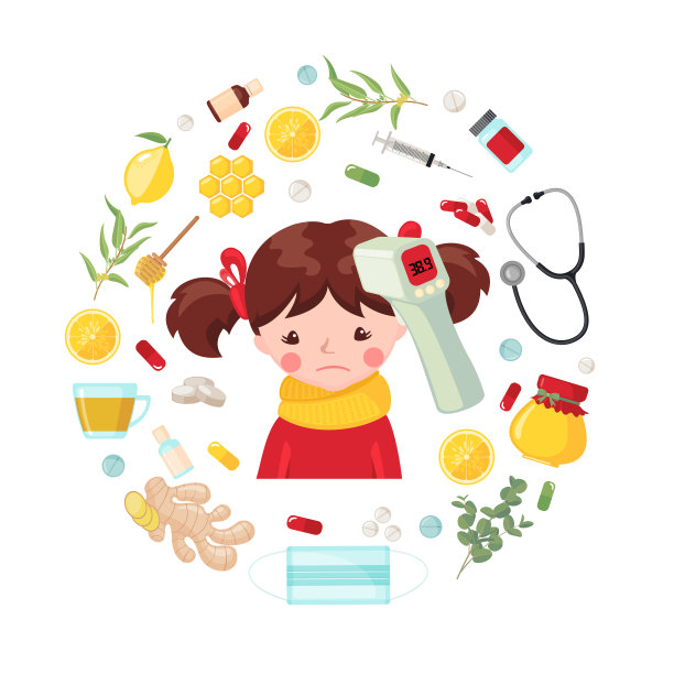 可爱的生病女孩与流感和高温在平面风格孤立的白色背景。图片下载