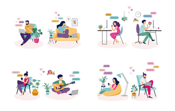 夫妻用智能手机、平板电脑和笔记本电脑上网聊天，在冠状病毒期间自我隔离、隔离。虚拟约会的概念。矢量图图片下载