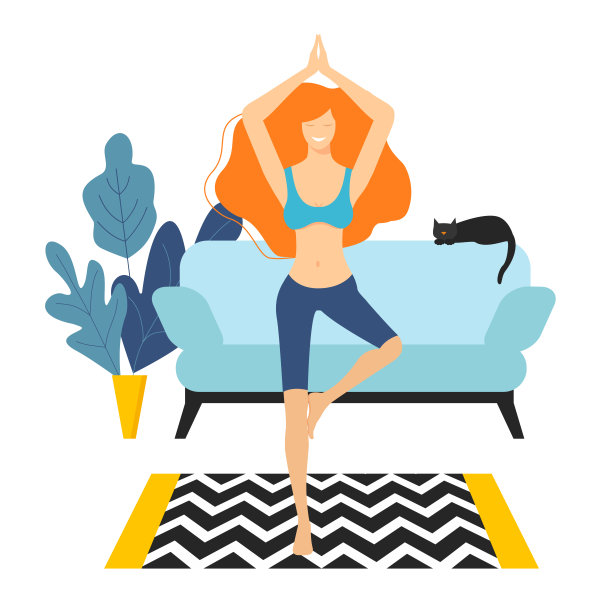 女人做瑜伽在家矢量插图。树式女性。图片下载
