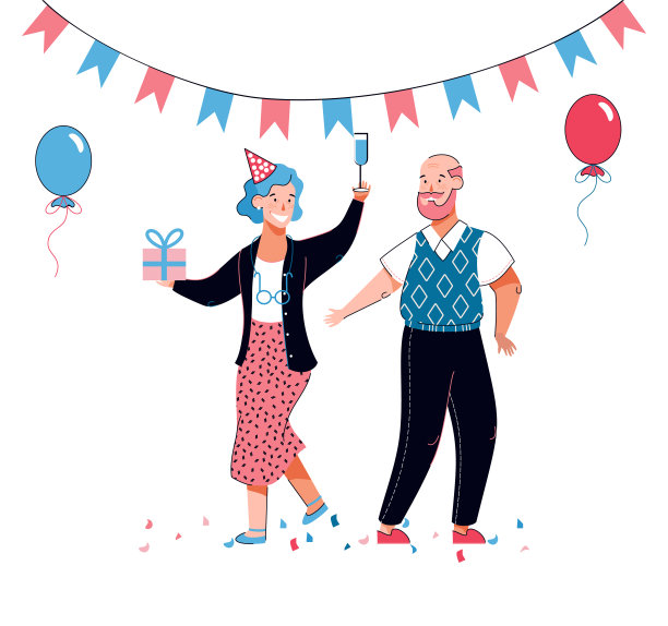 老夫妇在生日庆典上用派对帽，气球，礼盒图片下载