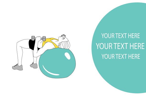 运动女孩用球和哑铃做普拉提练习。fitball练习。给你题词的地方。为您的设计准备好模板。矢量插图。图片下载
