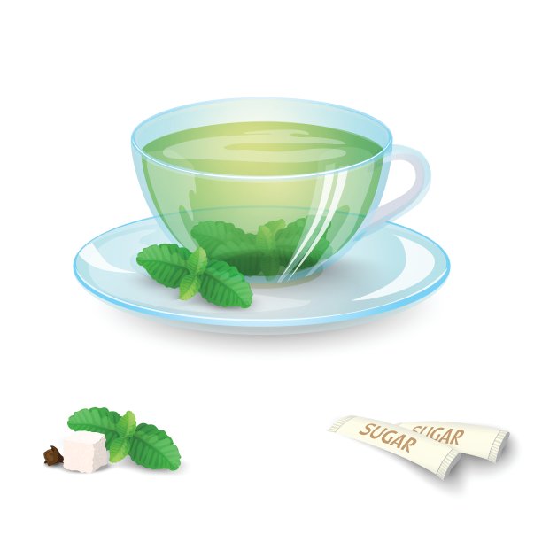 透明杯的绿茶，薄荷和糖孤立在白色的背景。矢量插图。图片下载