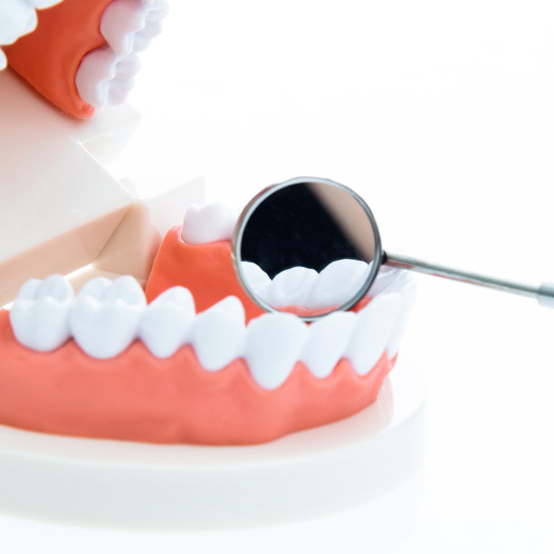 有角度的镜子和模型的牙齿在白色的背景图片下载