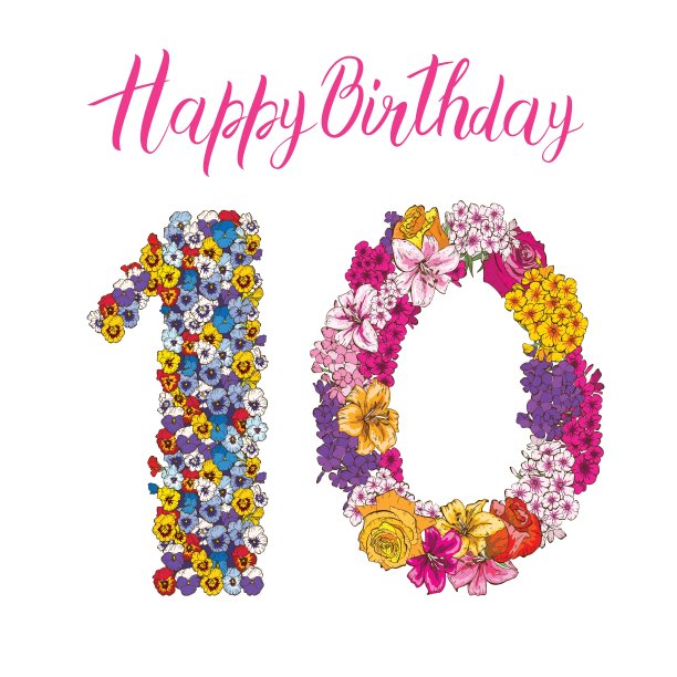 由不同的花组成的十位数。花元素由花朵组成的彩色字母。生日快乐。矢量图图片下载
