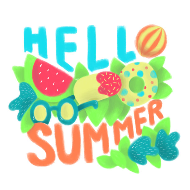 你好夏天-数字手绘黄色，粉色，蓝色字母。手写短语的夏天印刷，问候海报，横幅，节日贺卡。白色的孤立的背景。太阳，冰淇淋，花。图片下载