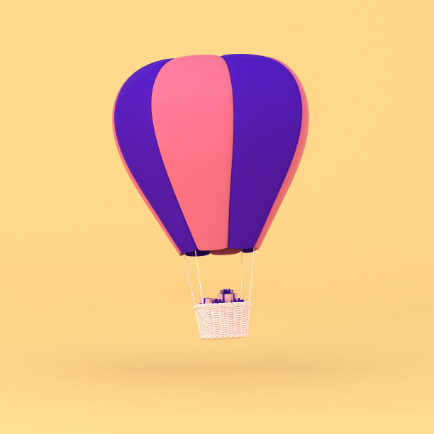 简单的漂浮气球的概念，在编织篮上的彩色背景。3 d渲染。图片下载