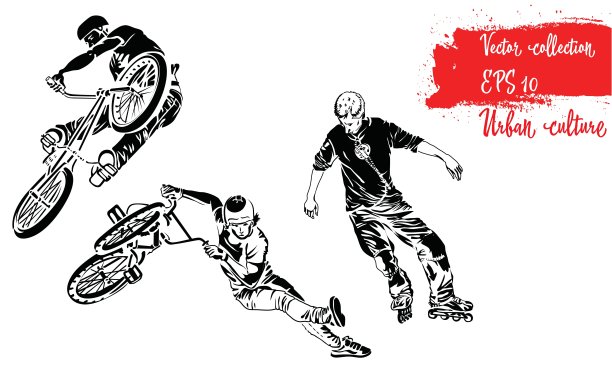 一套自行车骑手跳跃和轮滑。城市文化的代表。极端主题现代版画。向量的设计元素。在白色背景上隔离图片下载