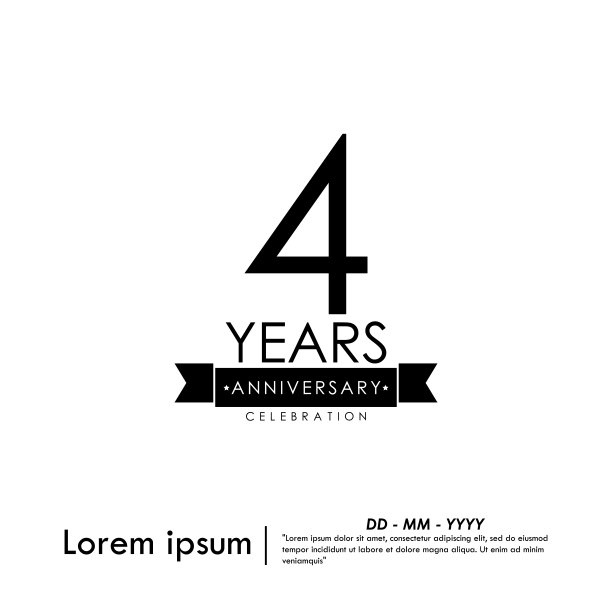 四周年庆典以黑白邮票为主，矢量插图模板设计，适用于网页、传单、单张、小册子、海报、邀请卡或贺卡图片下载