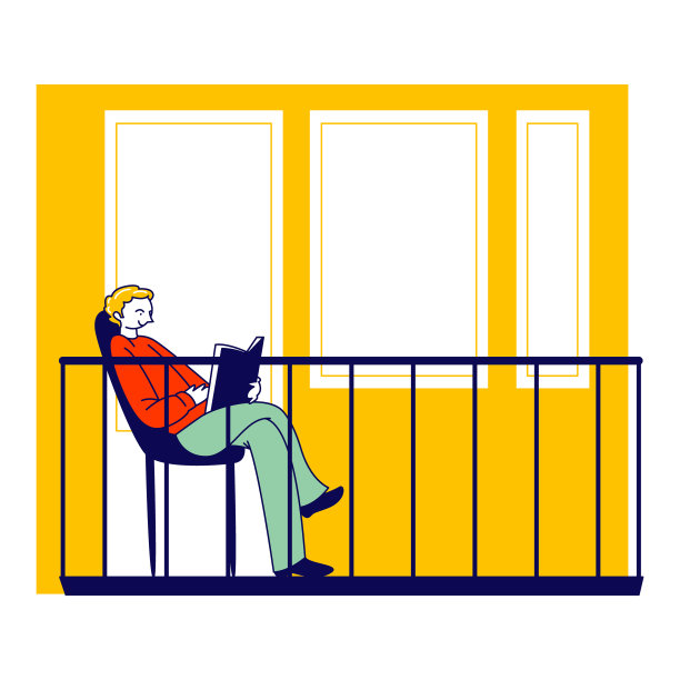 新冠肺炎疫情隔离期间，男主人公坐在房子阳台上看有趣的书。病毒传播预防、全球爆发、流行病。线性向量插图图片下载