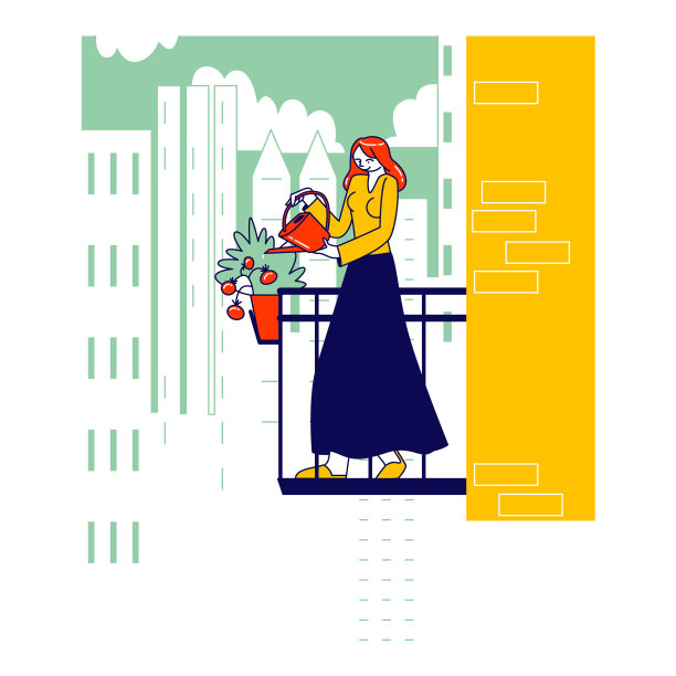 新冠肺炎疫情隔离期间，喜欢园艺爱好在阳台上浇植物自我隔离。每天的常规和家庭活动。线性向量插图图片下载