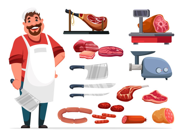 屠夫，把肉和配件放在白色的架子上图片下载