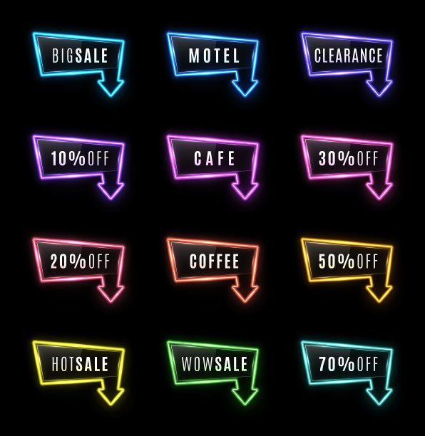 Big Sale, Motel, Hot Sale, Clearance, Cafe, Coffee, Wow 10 20 30 50七折霓虹灯箭头颜色标志设置在黑色背景发光管框架为夜间酒吧俱乐部明亮的矢量插图图片下载