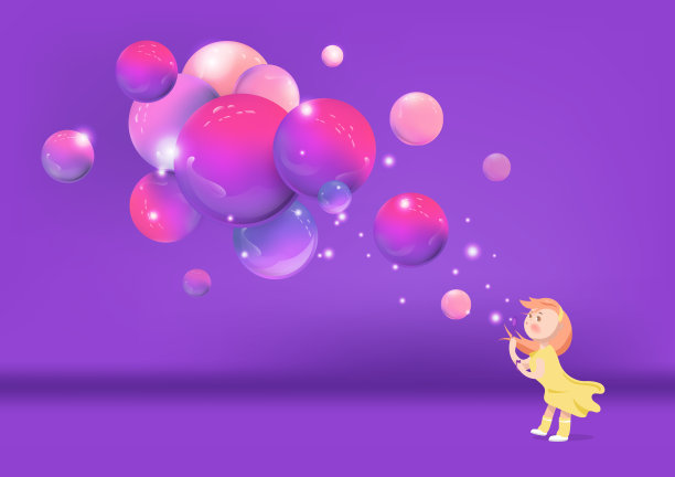 可爱的女孩吹泡泡花紫色，卡通创意梦幻幻想概念抽象背景矢量插画图片下载
