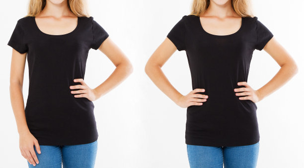 设置女孩在黑色t恤孤立在白色背景，空白图片下载