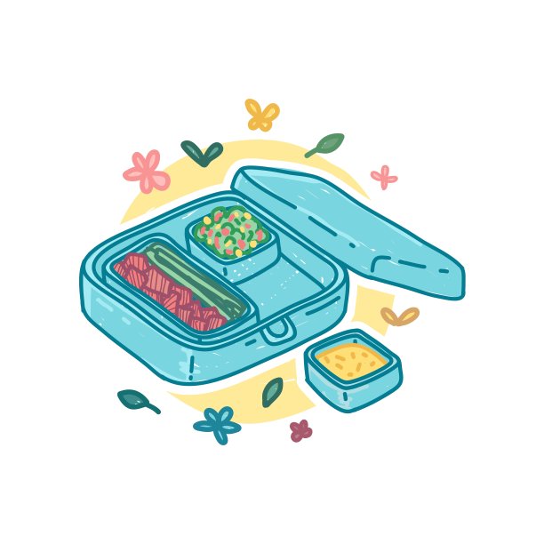可重复使用的不锈钢午餐盒图标在卡通涂鸦风格。零浪费生活理念。手绘设计与自然有机花卉装饰。没有塑料的风格。向量图片下载
