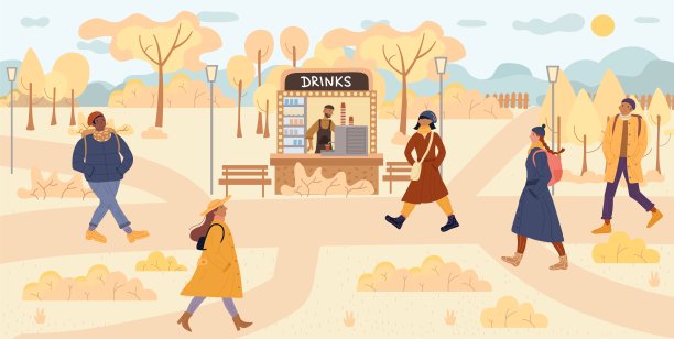 人们走在秋天公园附近的街道咖啡店图片下载