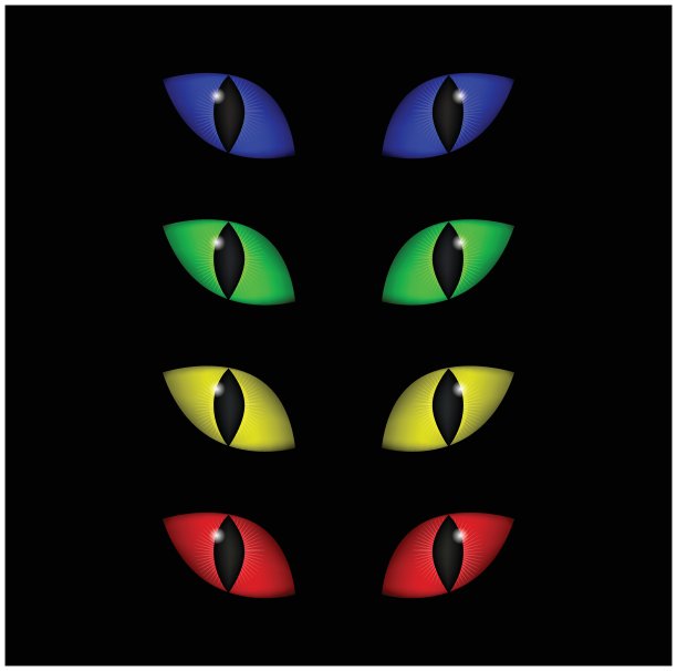 万圣节幽灵的眼睛矢量设置孤立的黑色背景。邪恶，危险，狂暴的猫虹膜在黑暗中的插图图片下载