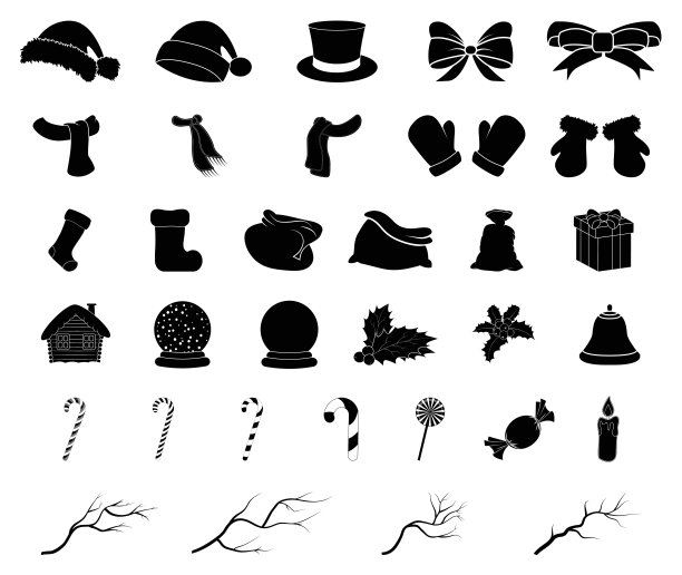 圣诞矢量标志剪影集，图标设计。冬季插图孤立在白色背景。图片下载