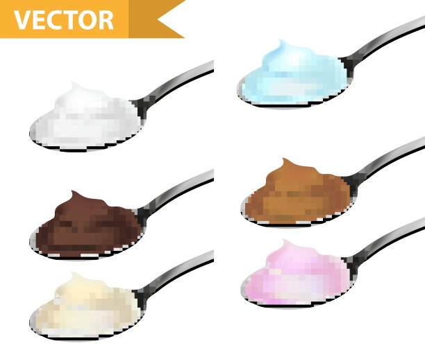 一茶匙奶油，酸奶，巧克力，焦糖。3d汤匙或勺子甜点收集。孤立在白色背景上。矢量插图。图片下载