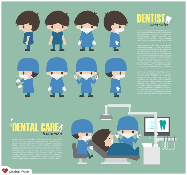 牙科卡通人物及医院牙科护理单位。向量。平面设计图片下载