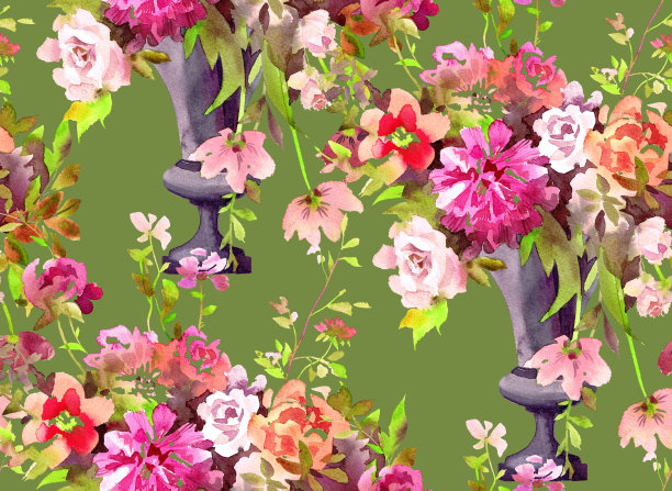 水彩玫瑰花瓶无缝图案图片下载