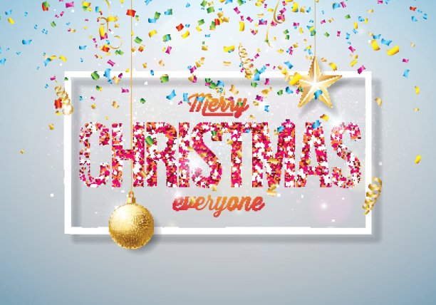 矢量圣诞快乐插图闪亮明亮的背景与排版和节日元素。采购产品剪纸星星，五彩纸屑，蛇纹和装饰球。图片下载