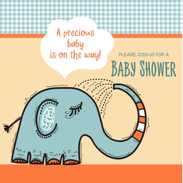 宝宝淋浴卡模板与有趣的涂鸦大象图片下载