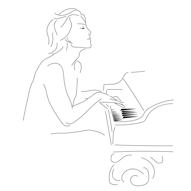 一个正在弹钢琴的人的黑色剪影。一个人的简单矢量图。时尚钢琴家，海报，公告牌。白色背景上的剪影图片下载