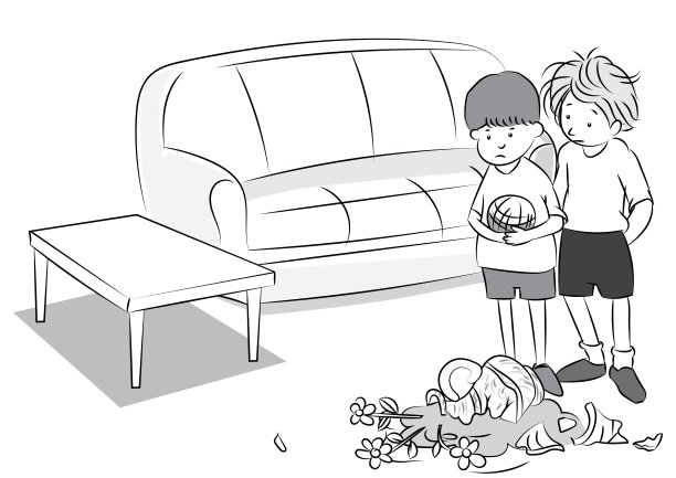 黑白卡通的两个男孩在玩球，罐子破了图片下载