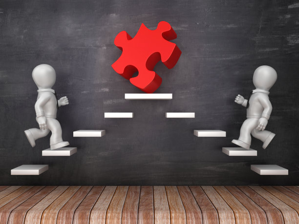 商业人物在步骤与拼图在黑板上- 3D渲染图片下载