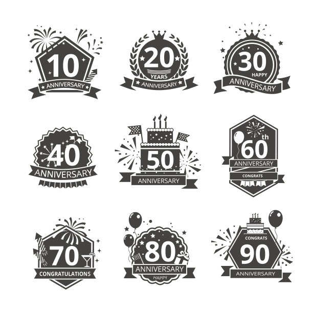 黑白单色一套纪念日。向量庆祝模板。图片下载