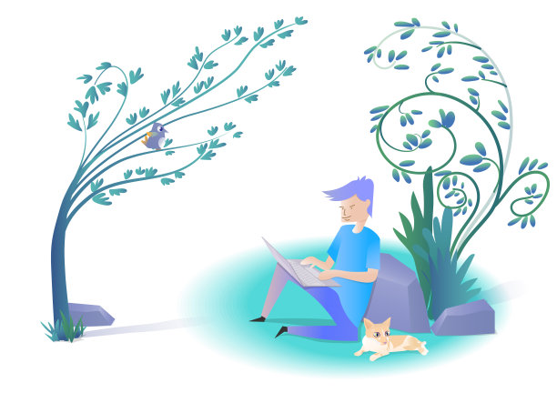 用笔记本电脑工作的男人和一只躺在花园里的猫。图片下载