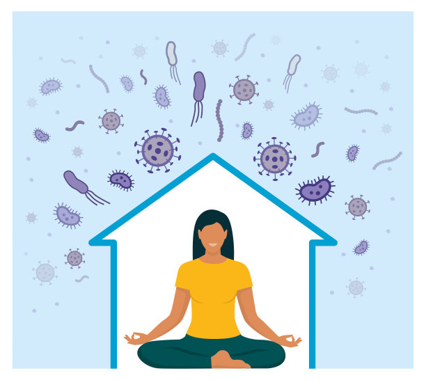 在covid-19疫情期间，妇女在家隔离并进行冥想图片下载