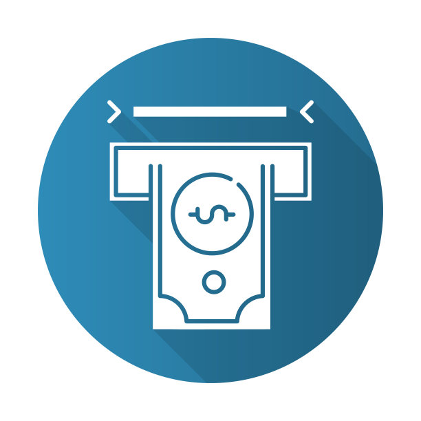 金融服务业蓝色扁平设计长长的阴影字形图标。银行业。取现。金钱管理。从自动取款机接收美元钞票。收到的现金。向量轮廓图图片下载