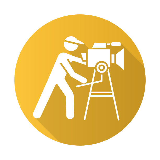 电影行业黄色扁平设计的长阴影字形图标。电影业务。摄影。制作电影。运营商的拍摄场景。电影制作。视频制作。向量轮廓图图片下载