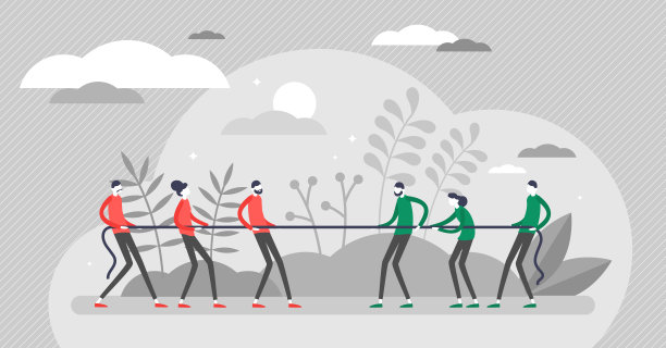 拖轮战争矢量插图。拉绳游戏以扁平小人为概念图片下载