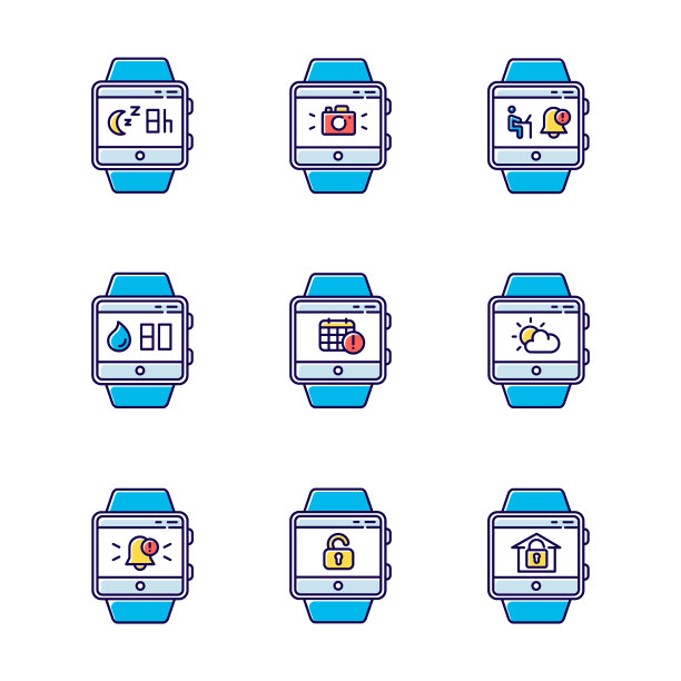 健身追踪器功能颜色图标设置。腕带智能手表功能和健康服务。安排事件，睡眠计时器，天气预报，通知。孤立的矢量插图图片下载