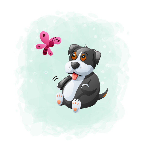 卡通可爱的狗和蝴蝶玩耍图片下载