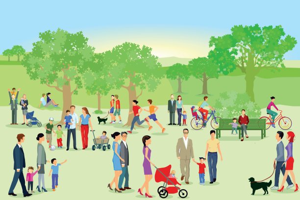 家人和人们在公园里玩耍，插画图片下载