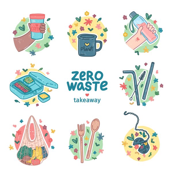 零浪费外卖包设计。环保图标设置概念贴纸与可回收和可重复使用的产品。零浪费的生活方式元素。没有塑料。卡通涂鸦风格。向量图片下载