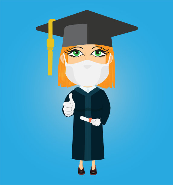 白种人白色皮肤金发困惑女毕业生戴着面具白手套拇指向上帽子文凭在他的手里图片下载