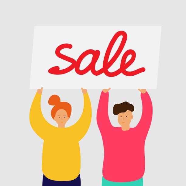 微笑的女孩和男孩站着，举着销售旗帜图片下载