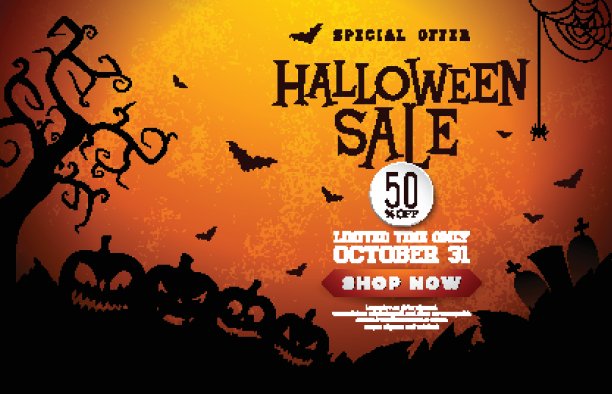 万圣节销售旗帜插图与南瓜，墓地和飞行蝙蝠在橙色的背景。矢量假日设计模板与字体提供，优惠券，庆祝横幅，代金券或促销海报。图片下载