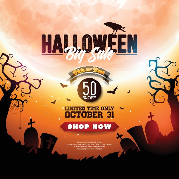 万圣节销售横幅插图与月亮，乌鸦和飞翔的蝙蝠在橙色的夜空背景。矢量假日设计模板与墓地和印刷字体提供，优惠券，庆祝横幅，代金券或促销海报。图片下载